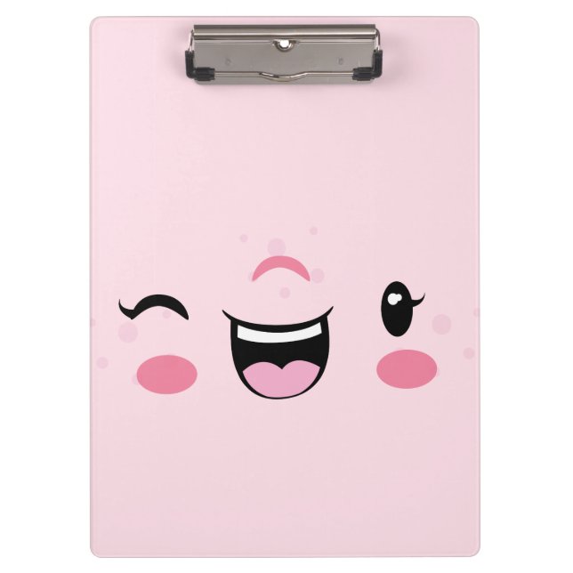 Pink Winking Kawaii Face Clip Board (Front)