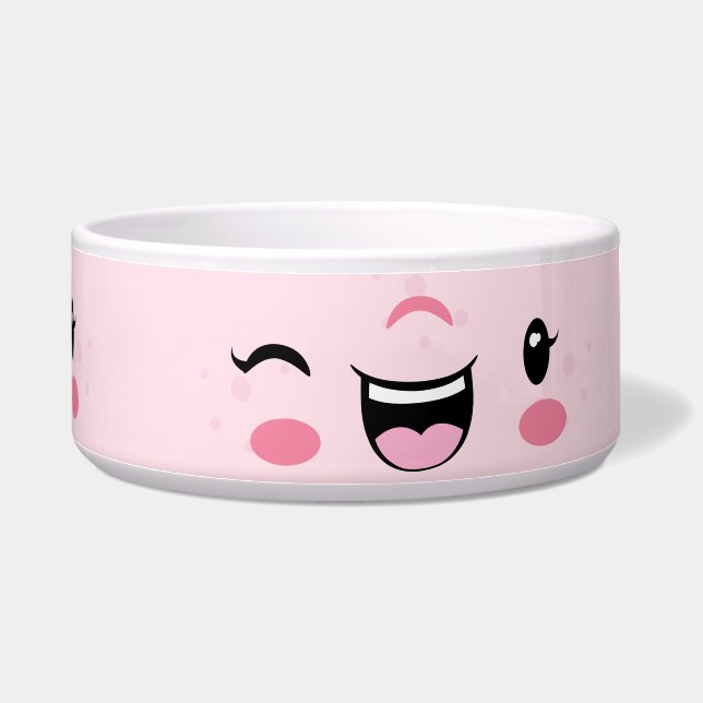 Pink Winking Kawaii Face Dog Bowl (Right)
