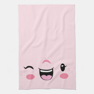 Pink Winking Kawaii Face Kitchen Towel