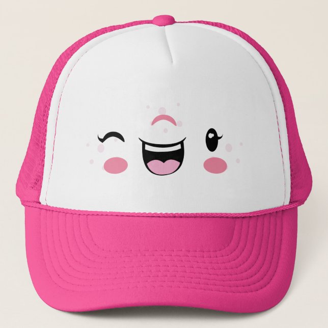 Pink Winking Kawaii Face Trucker Hat (Front)