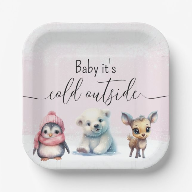 Pink Winter Baby It's Cold Outside Baby Shower Paper Plate (Front)