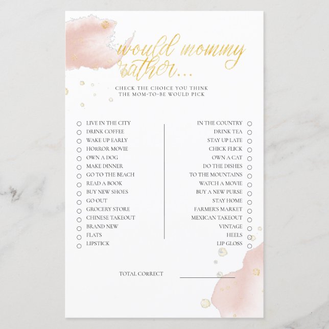 Pink Winter Baby Shower Game Would Mommy Rather (Front)