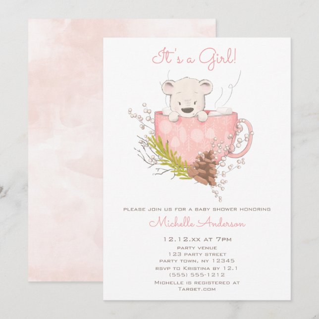 Pink Winter Bear Girl Baby Shower Invitation (Front/Back)