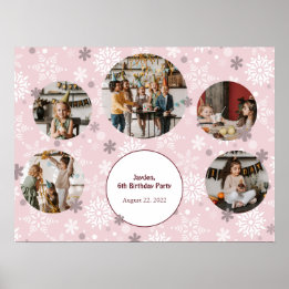 Pink Winter Birthday Party Photo Collage Template Poster