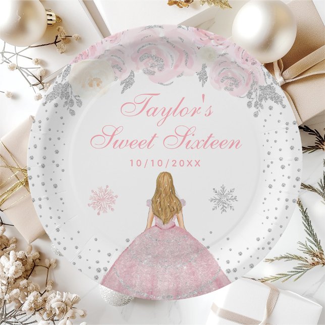 Pink Winter Blonde Hair Princess Sweet Sixteen Paper Plate (Creator Uploaded)