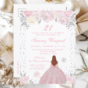 Pink Winter Brown Hair Princess Birthday Party Postcard