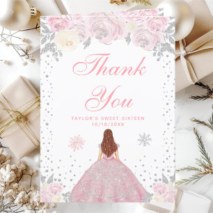 Pink Winter Brown Hair Princess Sweet Sixteen Thank You Card