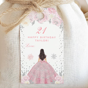 Pink Winter Brunette Hair Princess Birthday Party Gift Tags