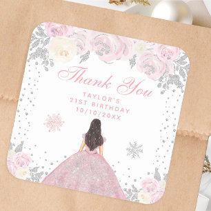 Pink Winter Brunette Hair Princess Birthday Party Square Sticker