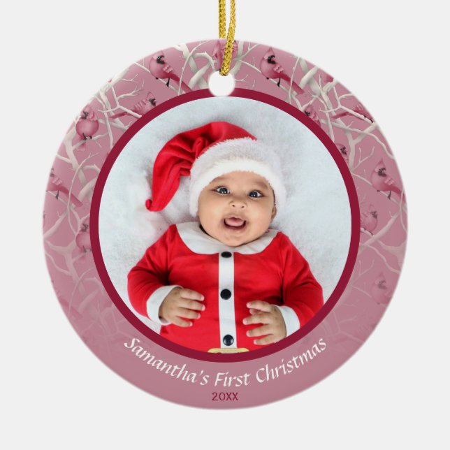 Pink Winter Cardinal Baby Personalized Photo Ceramic Ornament (Front)