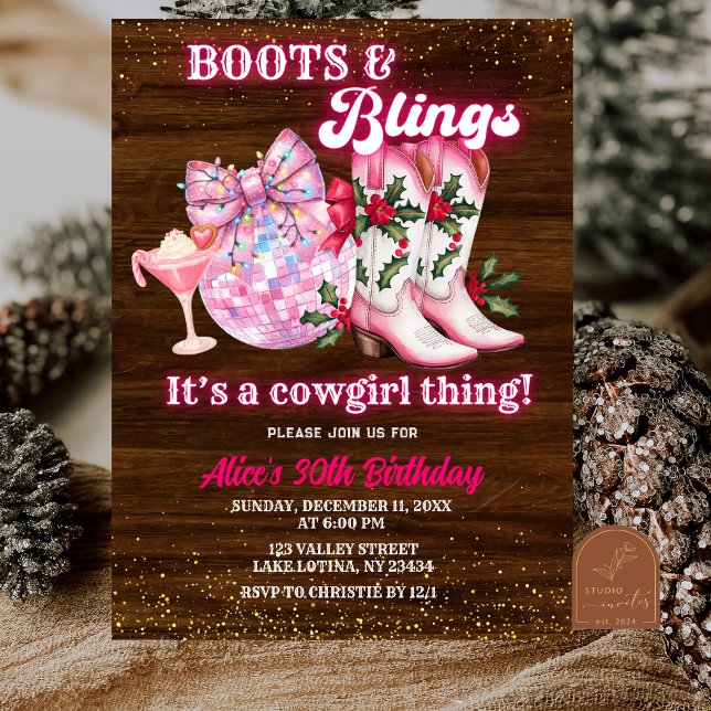Pink Winter Christmas Boots and Blings Birthday Invitation (Creator Uploaded)