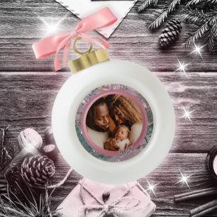 Pink Winter Christmas Family Photo Ceramic Ball Christmas Ornament