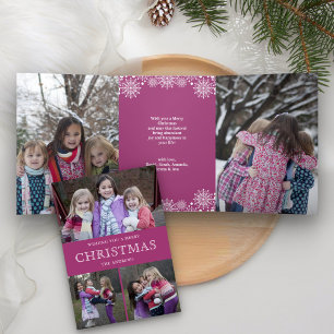 Pink Winter Christmas Photo Collage Tri-Fold Holiday Card