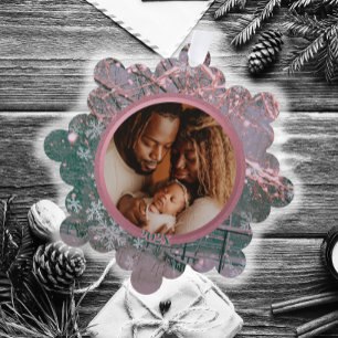 Pink Winter Christmas Snowflake Family Photo Ornament Card