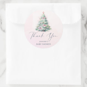 Pink winter Christmas tree baby shower thank you Classic Round Sticker