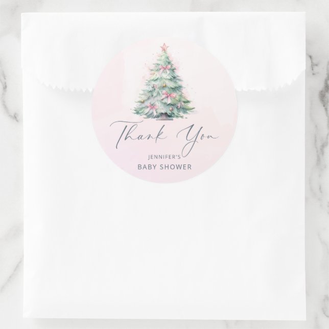 Pink winter Christmas tree baby shower thank you  Classic Round Sticker (Bag)