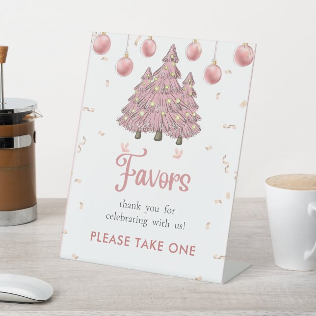 Pink Winter Christmas Tree Birthday Favour Sign (In SItu)