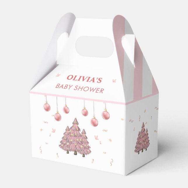 Pink Winter Christmas Tree Santa Baby Shower Favor Box (Front Side)