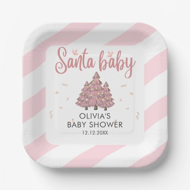 Pink Winter Christmas Tree Santa Baby Shower Paper Plate (Front)