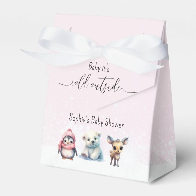 Pink Winter Cold Outside Girl Baby Shower Favor Box (Front Side)