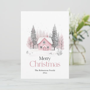 Pink Winter Cottage Christmas Holiday Card