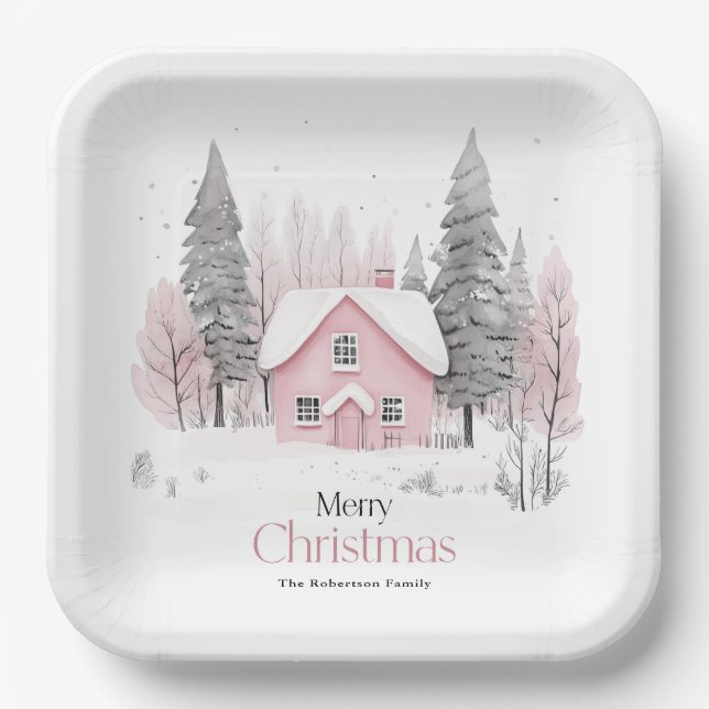 Pink Winter Cottage Christmas Paper Plate (Front)