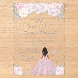 Pink Winter Dark Skin Princess Birthday Party Acrylic Invitations