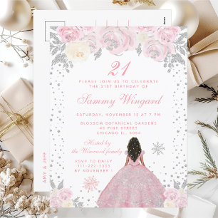 Pink Winter Dark Skin Princess Birthday Party Postcard
