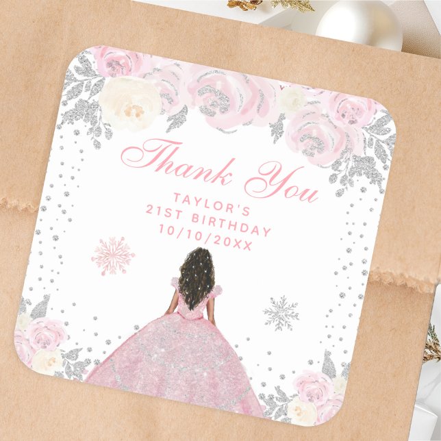 Pink Winter Dark Skin Princess Birthday Party Square Sticker (Creator Uploaded)