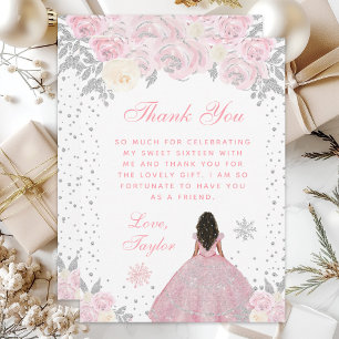 Pink Winter Dark Skin Princess Sweet Sixteen Thank You Card
