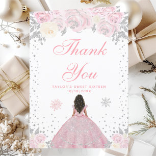 Pink Winter Dark Skin Princess Sweet Sixteen Thank You Card