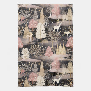 Pink Winter Deer Fantasy Castle Landscape (1) Kitchen Towel