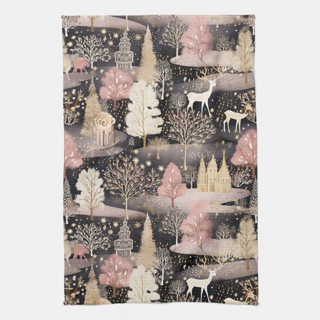 Pink Winter Deer Fantasy Castle Landscape (1) Kitchen Towel (Vertical)