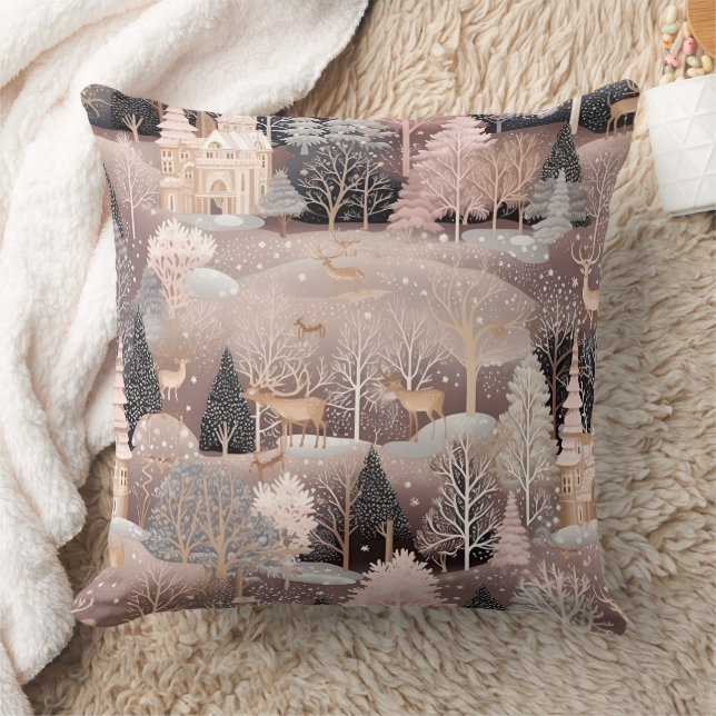 Pink Winter Deer Fantasy Castle Landscape (1) Throw Pillow (Blanket)