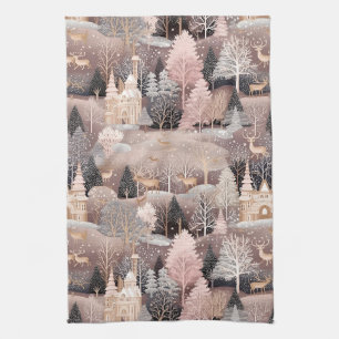 Pink Winter Deer Fantasy Castle Landscape (2) Kitchen Towel