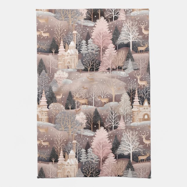 Pink Winter Deer Fantasy Castle Landscape (2) Kitchen Towel (Vertical)