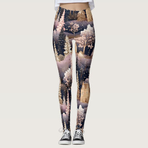 Pink Winter Deer Fantasy Castle Landscape (2) Leggings