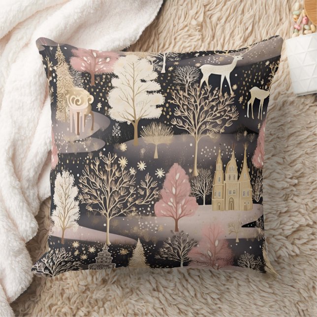 Pink Winter Deer Fantasy Castle Landscape (2) Throw Pillow (Blanket)