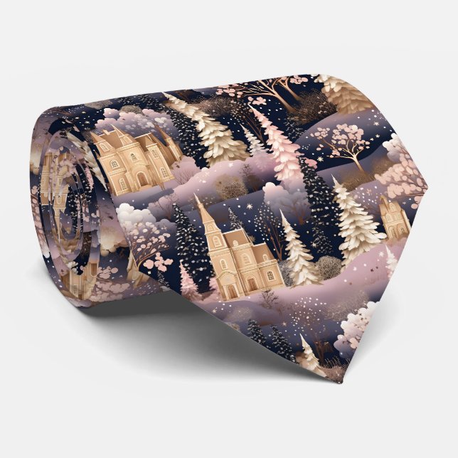 Pink Winter Deer Fantasy Castle Landscape (2) Tie (Rolled)