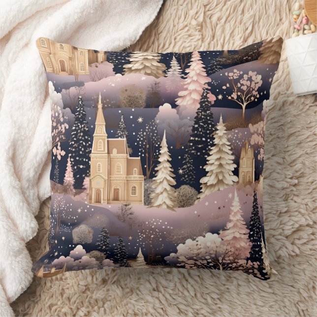 Pink Winter Deer Fantasy Castle Landscape (3) Throw Pillow (Blanket)
