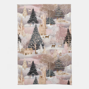Pink Winter Deer Fantasy Castle Landscape (4) Kitchen Towel