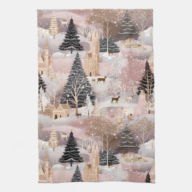 Pink Winter Deer Fantasy Castle Landscape (4) Kitchen Towel (Vertical)