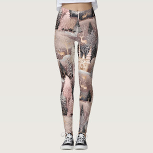 Pink Winter Deer Fantasy Castle Landscape (4) Leggings