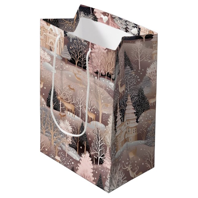 Pink Winter Deer Fantasy Castle Landscape (4) Medium Gift Bag (Front Angled)