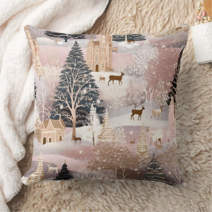 Pink Winter Deer Fantasy Castle Landscape (4) Throw Pillow