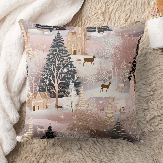 Pink Winter Deer Fantasy Castle Landscape (4) Throw Pillow (Blanket)