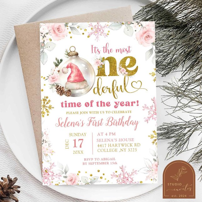 Pink Winter Floral First Onederful Birthday Girl Invitation (Creator Uploaded)