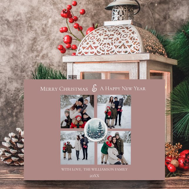 Pink Winter Forest Floral Photo Collage Holiday Card (Pink Winter Forest Floral Photo Collage Holiday Card)