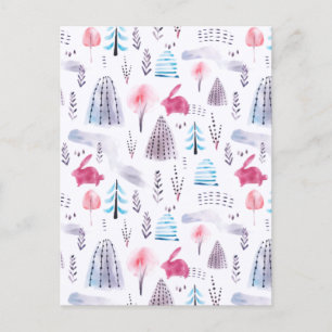 Pink Winter Forest Hop Bunny Watercolor Announcement Postcard