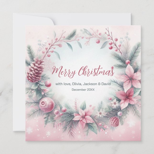 Pink Winter Frame Christmas  Holiday Card (Front)